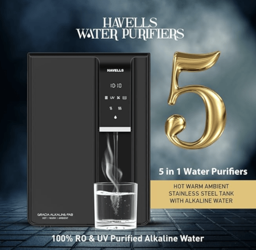Havells Gracia FAB Alkaline Water Purifier (Black), RO+UV+Alkaline, Hot, Warm & Ambient Water, Copper+Zinc+Minerals, 8 Stage Purification, 6.5L SS Tank, Suitable for Borwell, Tanker & Municipal Water - Image 2